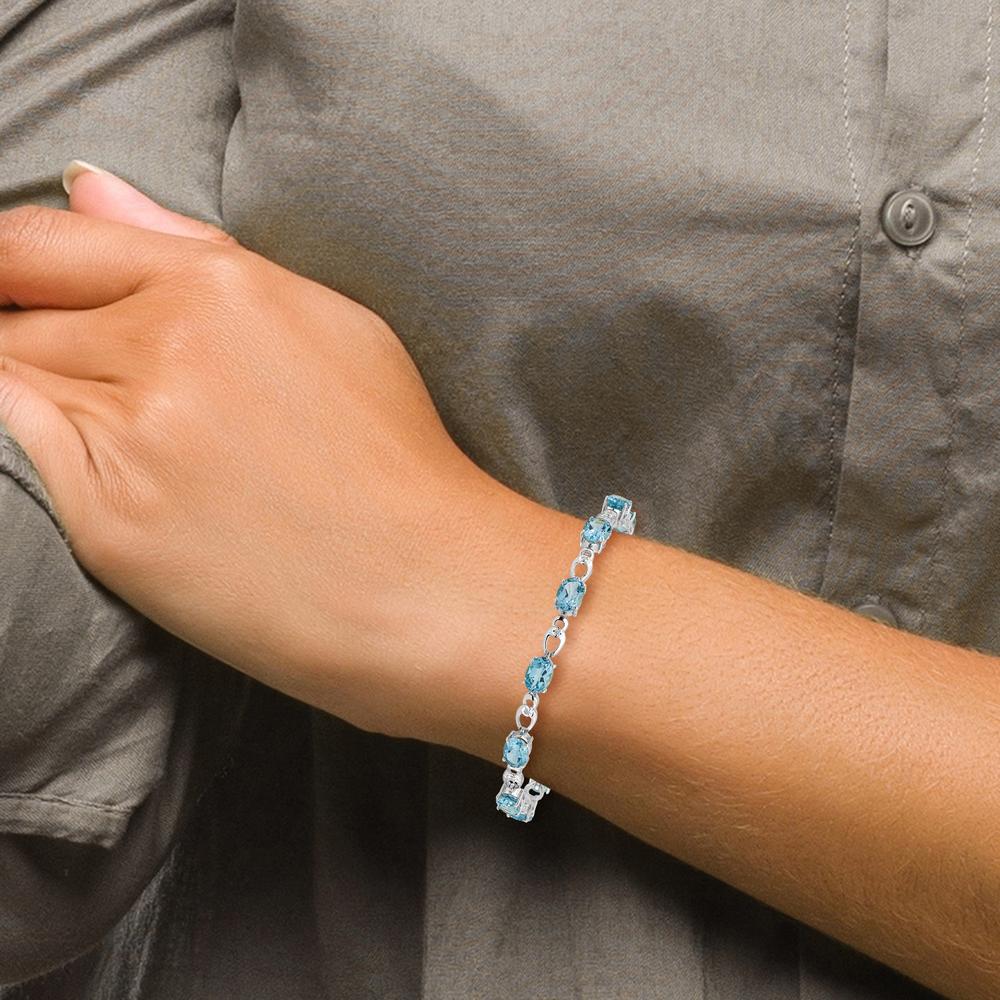 14K White Gold 7-Inch Bracelet with Oval Swiss Blue Topaz and Round Diamonds - 0.75 Carats Total Swiss Blue Topaz Weight, 0.004 Carats Total Diamond Weight by Oro Pregiato - Image 5