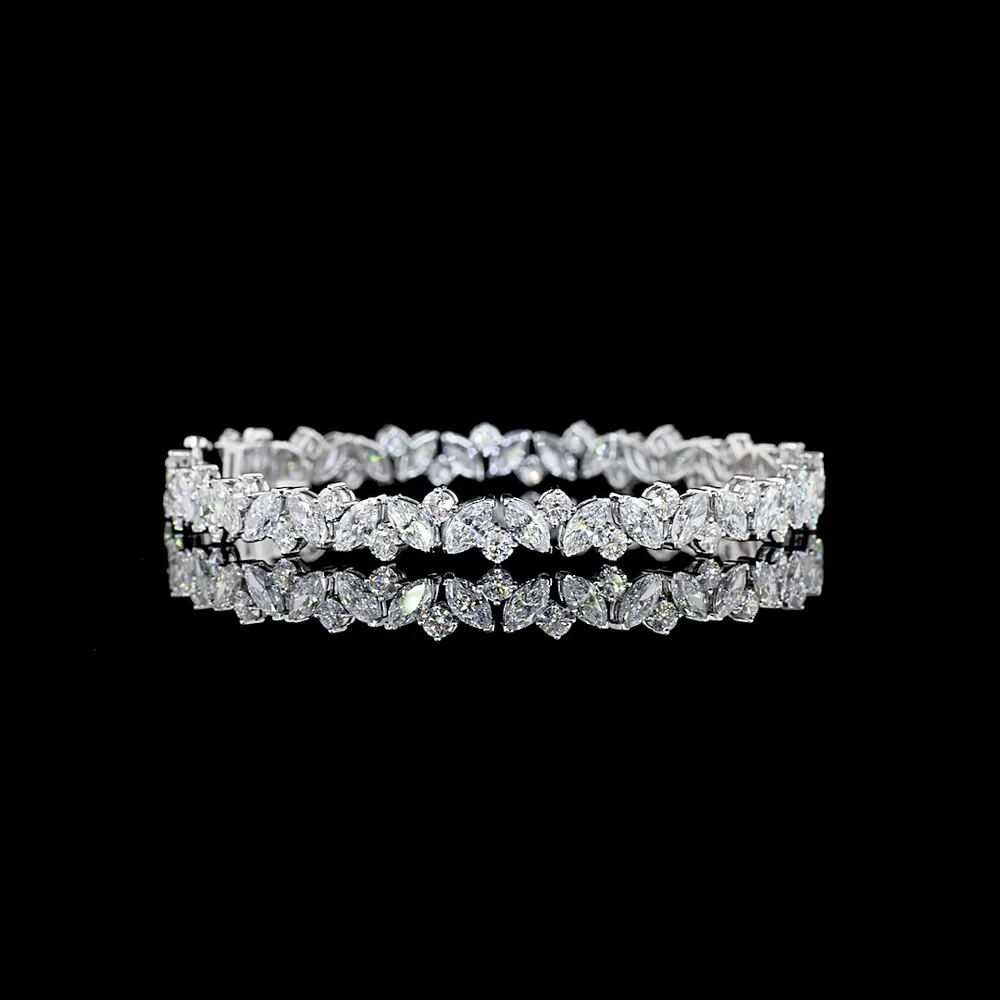 14K White Gold 7" Marquise Cut Lab Diamond Tennis Bracelet - Inclined Prong Setting with Round Brilliant Accents - 10.39 Carat Total Diamond Weight (E-F Color, VS Clarity) - Covaloro Fine Jewelry