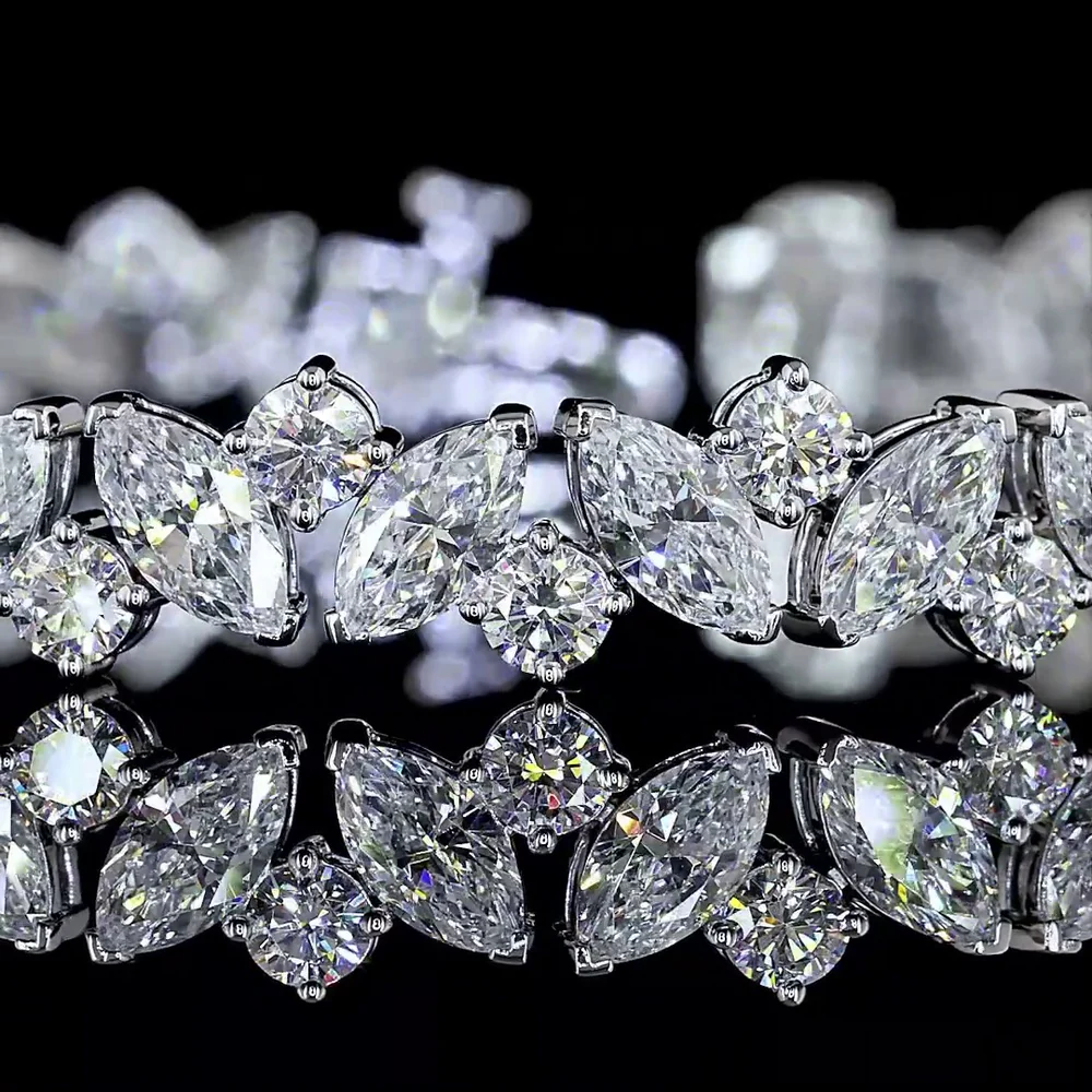 14K White Gold 7" Marquise Cut Lab Diamond Tennis Bracelet - Inclined Prong Setting with Round Brilliant Accents - 10.39 Carat Total Diamond Weight (E-F Color, VS Clarity) - Covaloro Fine Jewelry - Image 2