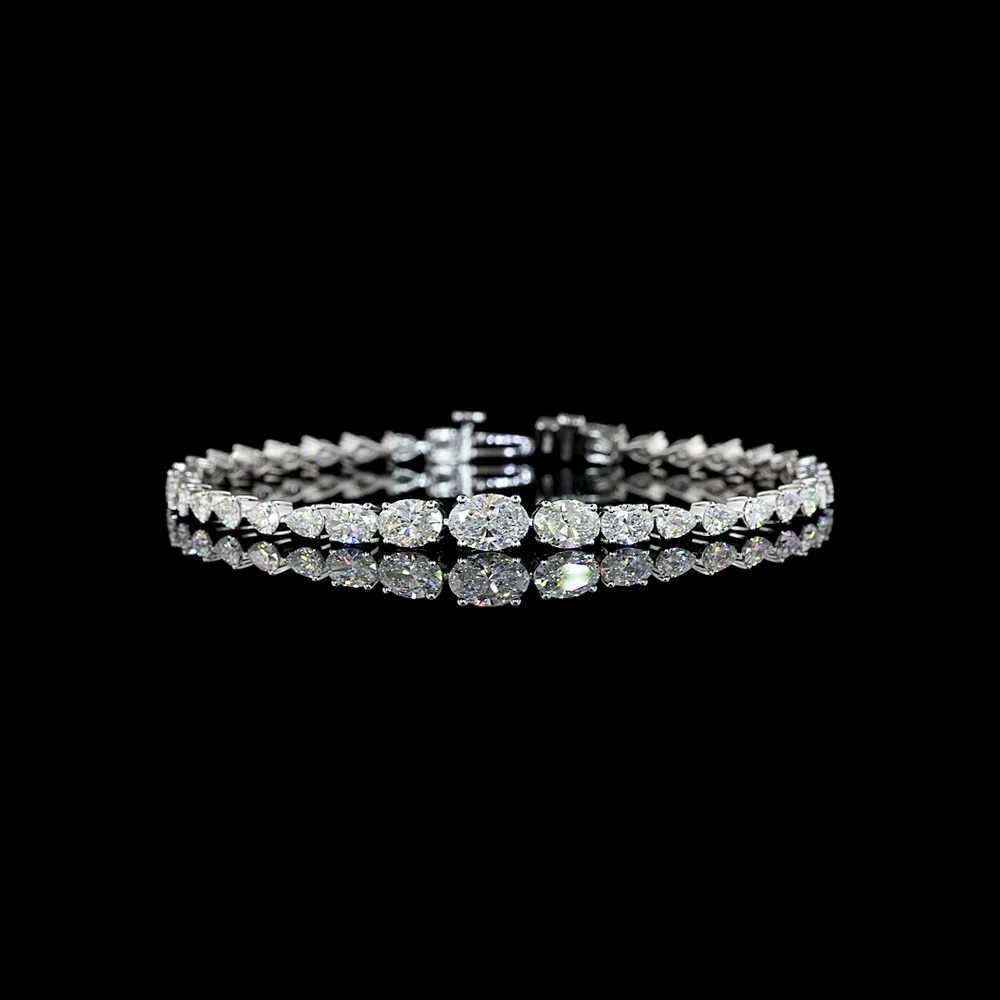 14K White Gold 7" Riviera Bracelet with East-West Set Oval and Pear Lab Diamonds - 5.55 Carats Total Diamond Weight - Covaloro Fine Jewelry