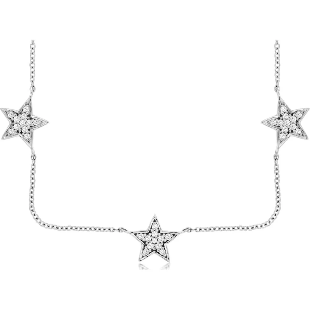 14K White Gold 7 Station Diamond Necklace with Star-Shaped Diamonds - 0.35 Carats Total Diamond Weight - Royal Jewelry