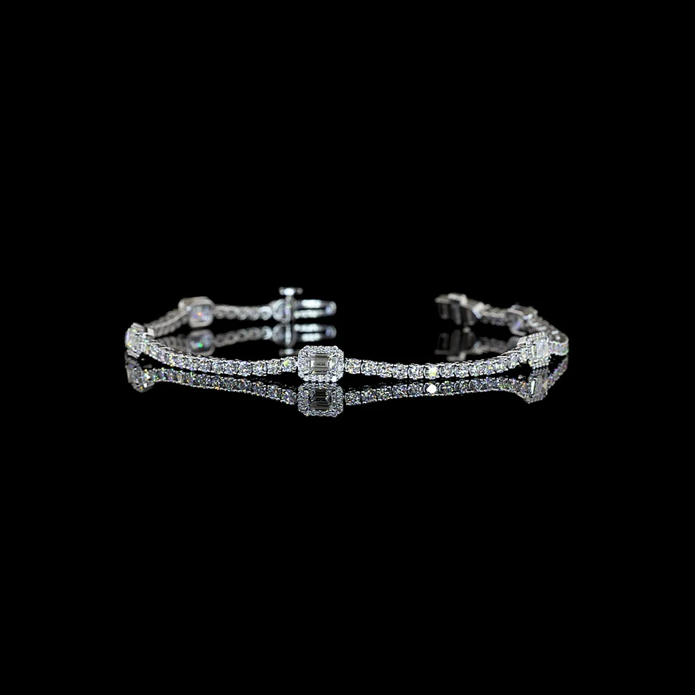 14K White Gold 7" Station Line Tennis Bracelet with East-West Set Emerald Cut Lab Diamonds and Round Brilliant Accents - 3.14 Carat Total Diamond Weight - Covaloro Fine Jewelry