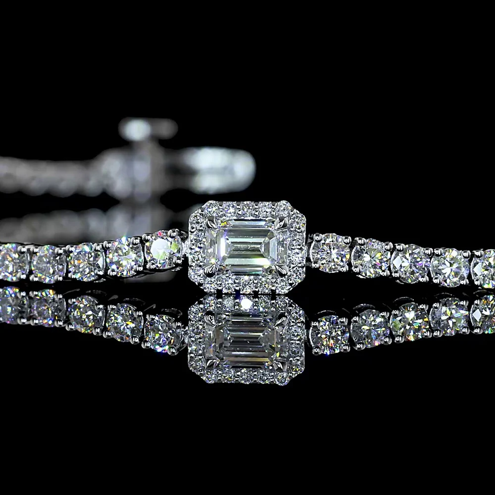 14K White Gold 7" Station Line Tennis Bracelet with East-West Set Emerald Cut Lab Diamonds and Round Brilliant Accents - 3.14 Carat Total Diamond Weight - Covaloro Fine Jewelry - Image 2