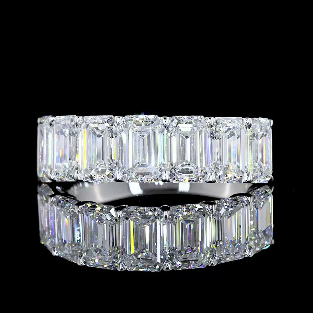 14K White Gold 7 Stone Eternity Band with 4.1 Carat Total Weight Emerald Cut Lab Diamonds E-F Color VS Clarity - Covaloro Fine Jewelry