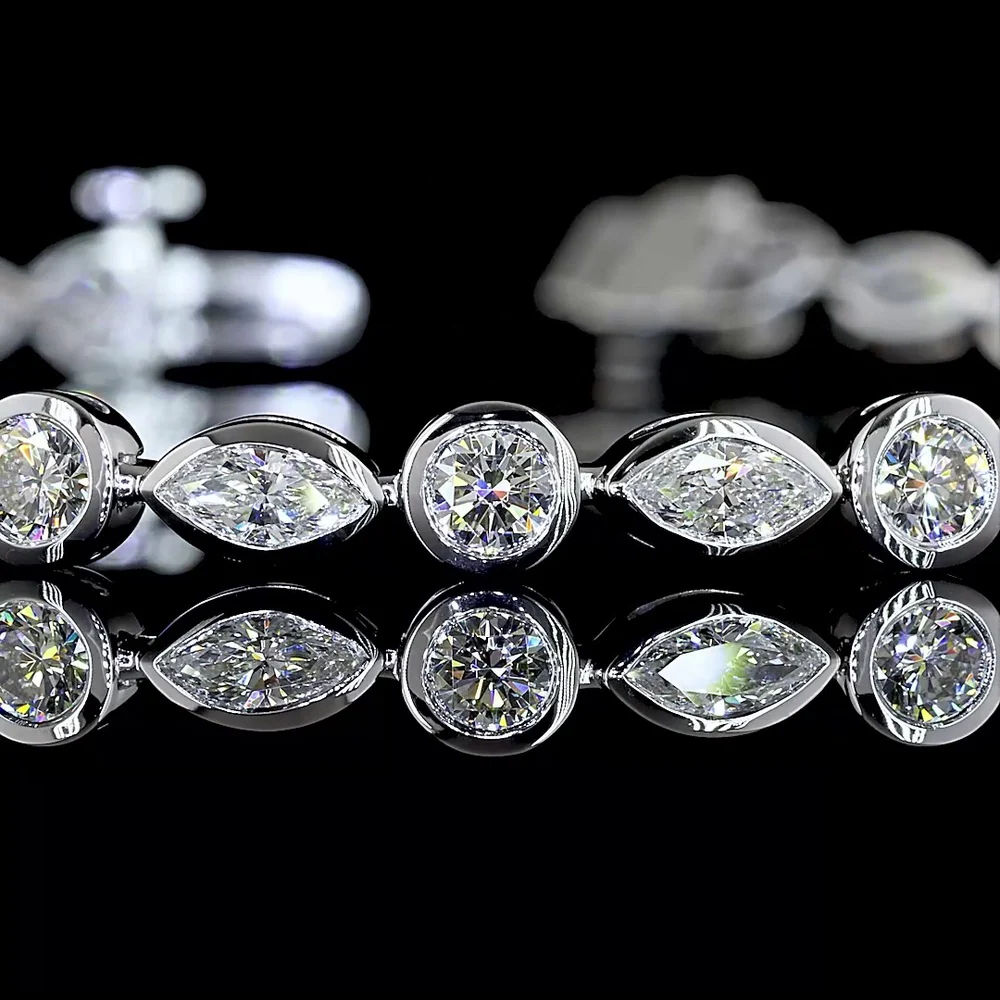 14K White Gold 7" Tennis Bracelet with Alternating Round and Marquise Lab Diamonds in East-West Bezel Settings - 3.80 Carats Total Diamond Weight - Covaloro Fine Jewelry - Image 2