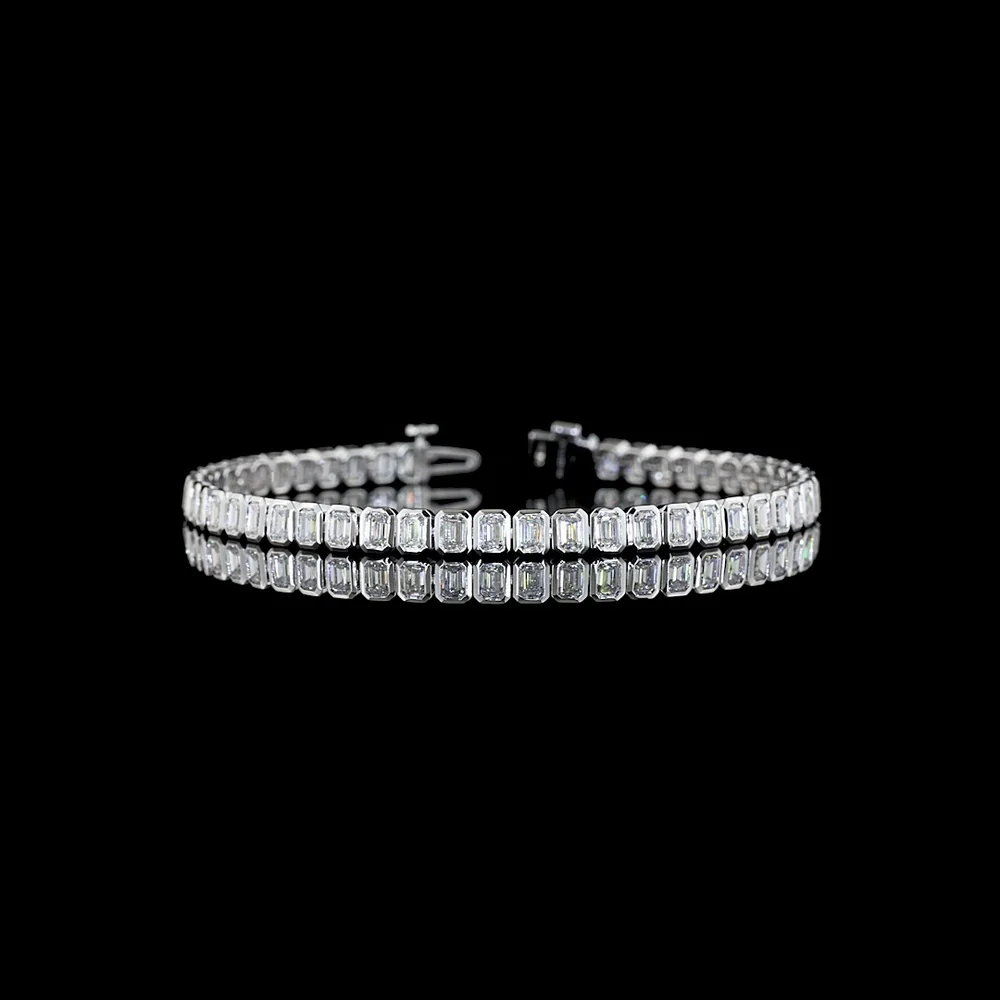 14K White Gold 7" Tennis Bracelet with Bezel Set Emerald Cut Lab Diamonds - 5.13 Carats Total Diamond Weight - Covaloro Fine Jewelry