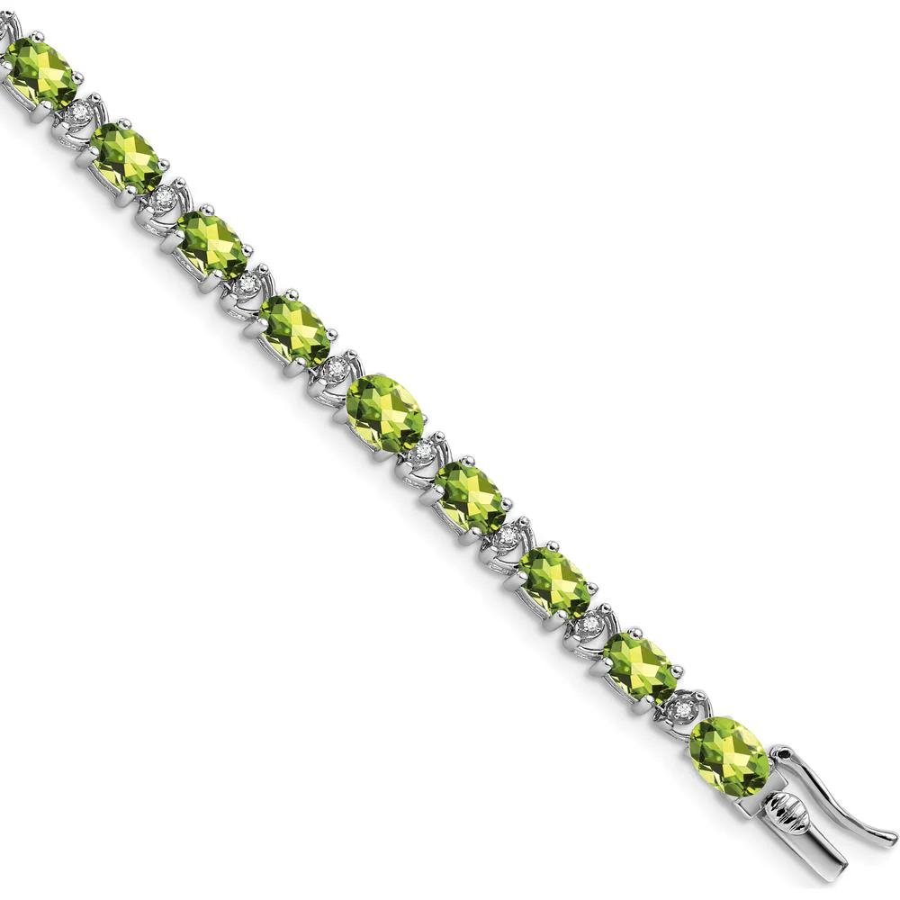 14K White Gold 7" Tennis Bracelet with Oval Peridot and Round Diamonds - 0.45 Carats Peridot, 0.10 Carats Total Diamond Weight by Monteluci Fine Jewelry