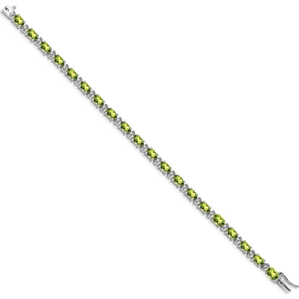 14K White Gold 7" Tennis Bracelet with Oval Peridot and Round Diamonds - 0.45 Carats Peridot, 0.10 Carats Total Diamond Weight by Monteluci Fine Jewelry - Image 2
