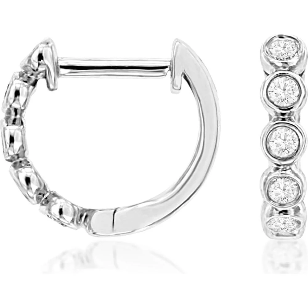 14K White Gold 9mm Bezel Set Round Diamond Huggie Hoops - 0.10 Carats Total Diamond Weight - Royal Jewelry