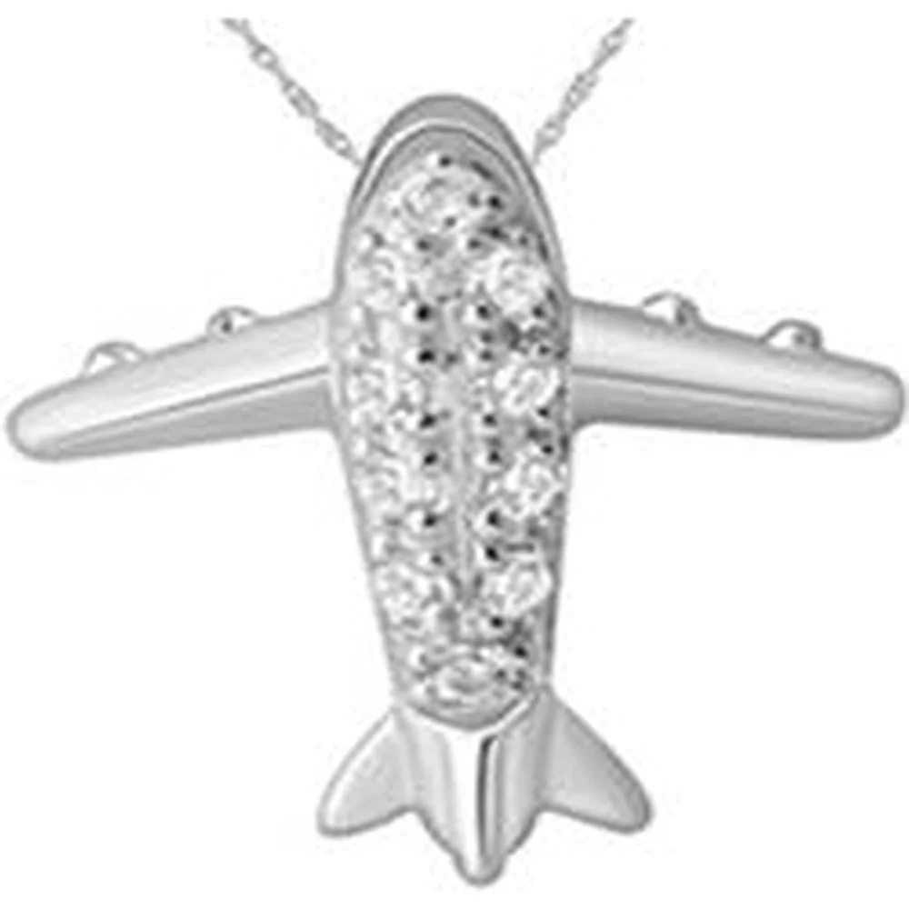14K White Gold Airplane Charm Necklace with Round Diamonds - 0.05 Carat Total Diamond Weight - Royal Jewelry
