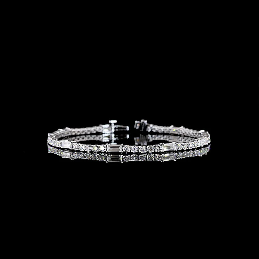 14K White Gold Alternating Baguette and Round Lab Diamond Tennis Bracelet - 5.31 Carat Total Weight, E-F Color, VS Clarity - Covaloro Fine Jewelry