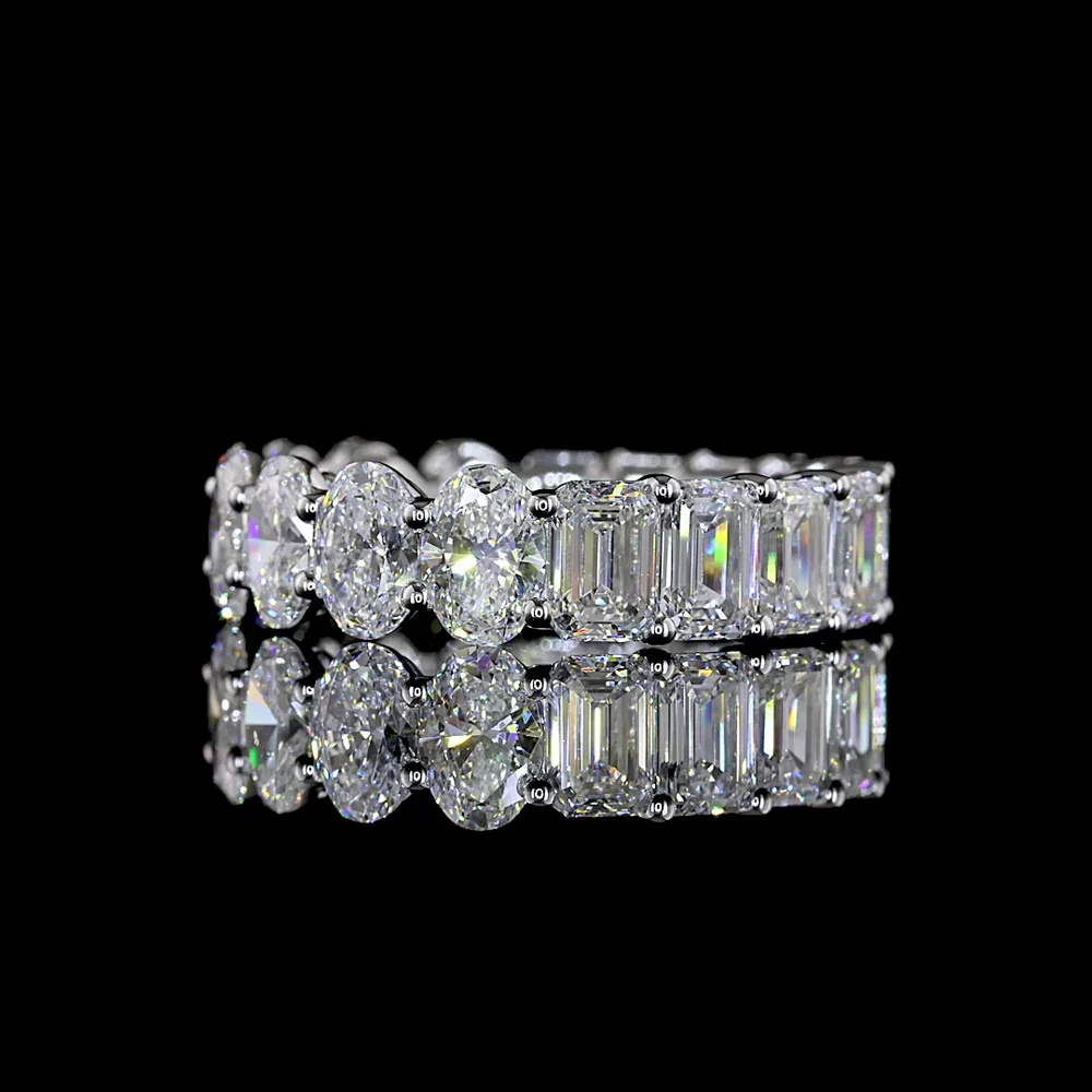 14K White Gold Alternating Emerald and Oval Cut Lab Diamond Eternity Band - 5.70 Carat Total Weight, E-F Color, VS1 Clarity - Covaloro Fine Jewelry