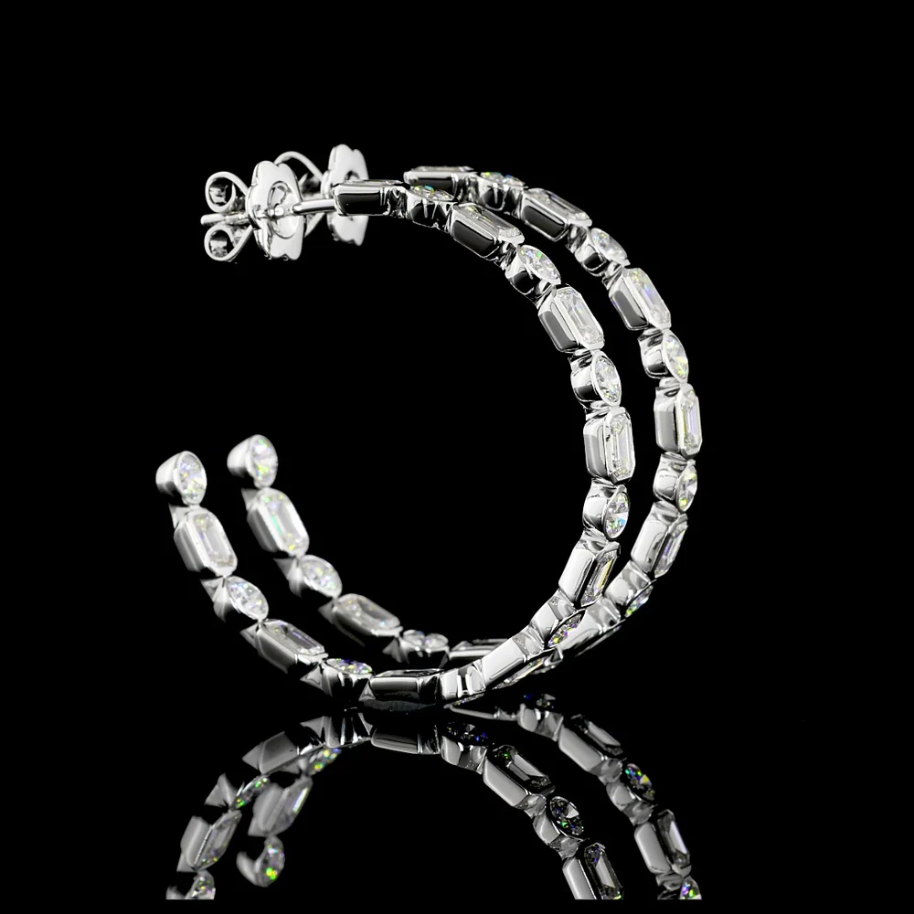14K White Gold Alternating Emerald Cut and Round C-Hoop Earrings with Bezel Setting - 6.08 Carat Total Weight Lab Diamonds - Covaloro Fine Jewelry - Image 3