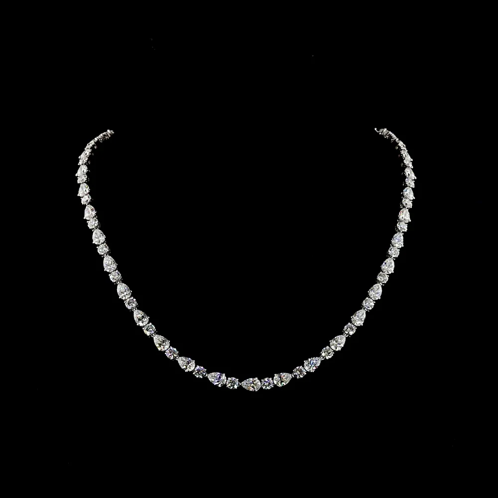 14K White Gold Alternating Pear & Round Lab Diamond Tennis Necklace - E-F VS Clarity, 32.93 Carat Total Weight - Covaloro Fine Jewelry