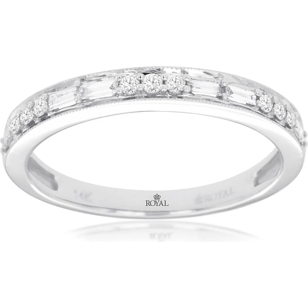 14K White Gold Alternating Round and Baguette Diamond Band with Milgrain Edge - 0.20 Carat Total Diamond Weight - Royal Jewelry