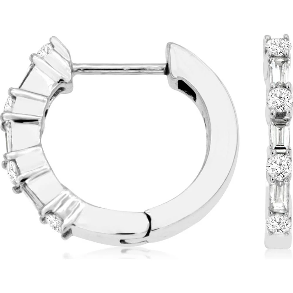 14K White Gold Alternating Round and Baguette Diamond Huggie Hoop Earrings - 0.38 Carat Total Diamond Weight - Royal Jewelry