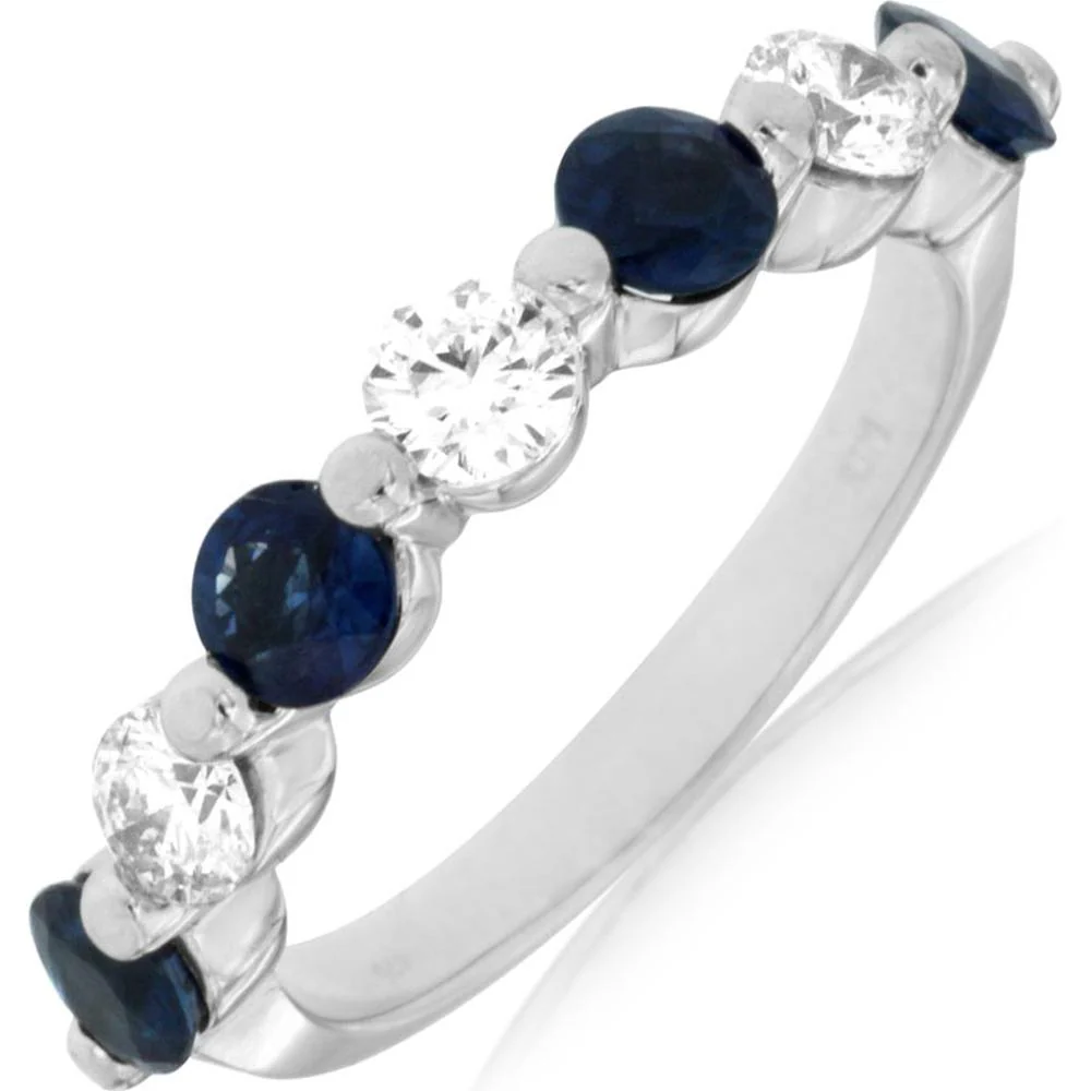 14K White Gold Alternating Round Sapphire and Diamond Band Ring - 1.15 Carat Total Sapphire Weight and 0.60 Carat Total Diamond Weight - Royal Jewelry