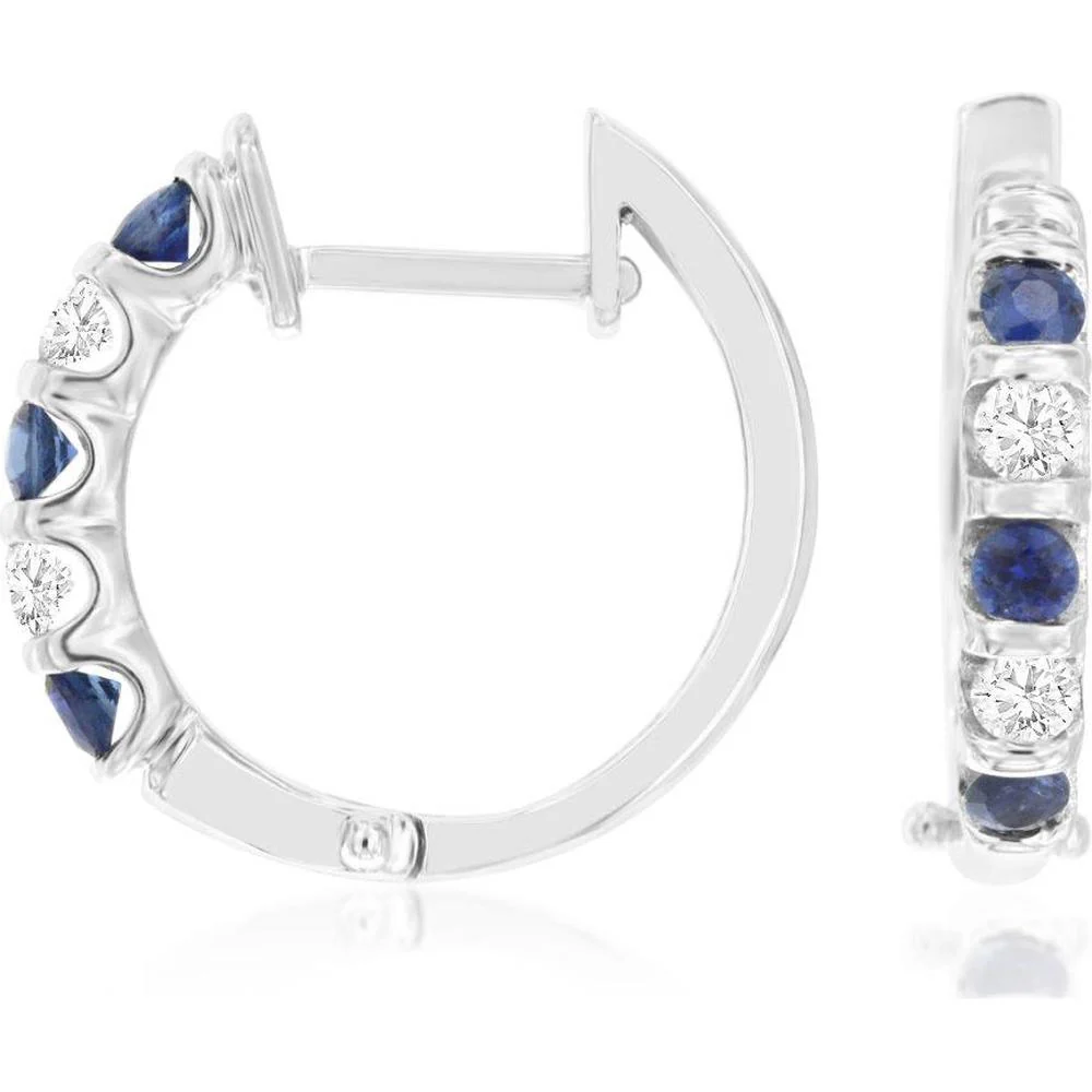 14K White Gold Alternating Round Sapphire and Diamond Huggie Hoop Earrings - 0.40 Carat Total Sapphire Weight, 0.20 Carat Total Diamond Weight - Royal Jewelry