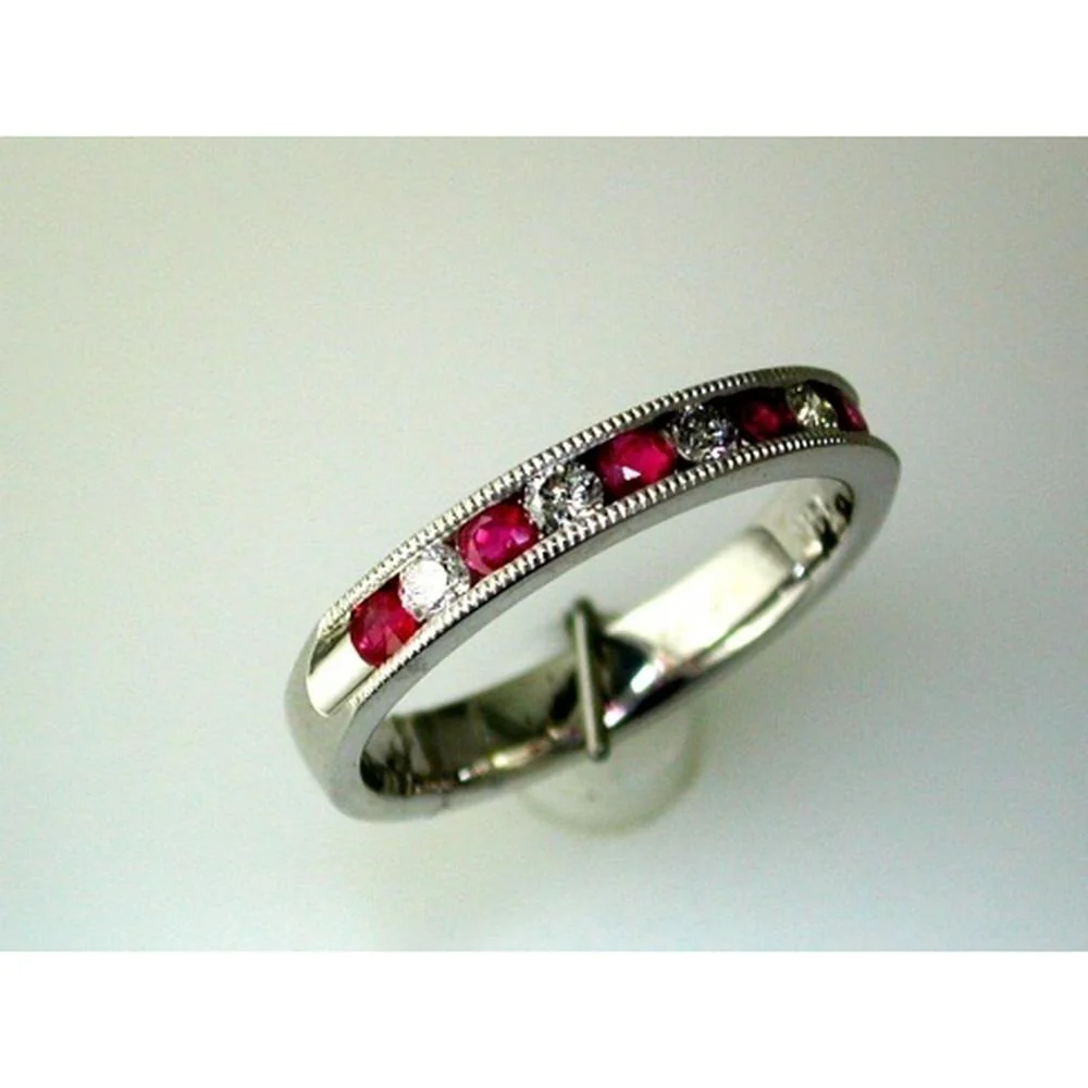 14K White Gold Alternating Ruby and Diamond Channel Set Band with Milgrain Detail - 0.40 Carat Ruby & 0.22 Carat Diamond Total Weight - Royal Jewelry