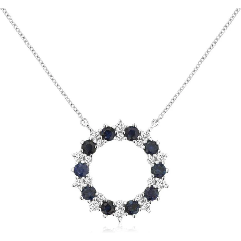 14K White Gold Alternating Sapphire and Diamond Circle Pendant Necklace - 1.25 Carat Total Sapphire Weight and 0.47 Carat Total Diamond Weight - Royal Jewelry