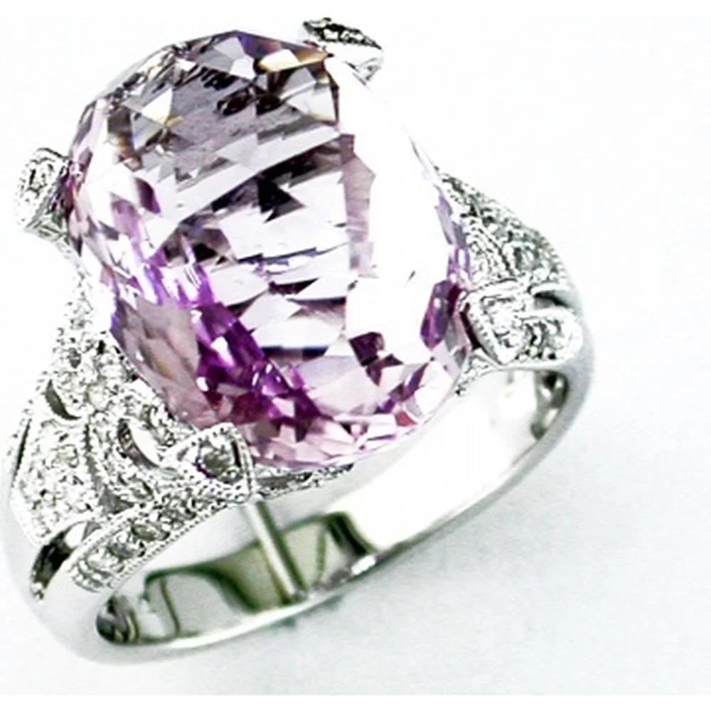 14K White Gold Amethyst & Diamond Halo Ring - 10.70 Carats Amethyst, 0.55 Carats Round Diamonds - Royal Jewelry