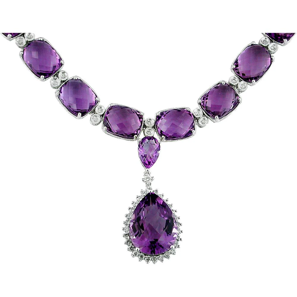 14K White Gold Amethyst & Diamond Necklace with Pear-Shaped Amethyst Pendant - 99.90 Carats Total Amethyst Weight, 0.90 Carats Total Diamond Weight - Royal Jewelry