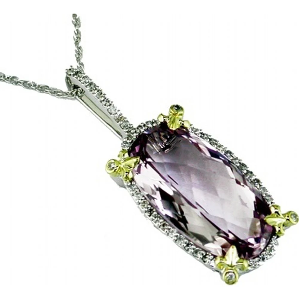 14K White Gold Amethyst & Diamond Pendant with Oval Amethyst - 15.00 Carats Amethyst Weight, 0.40 Carats Total Diamond Weight - Royal Jewelry