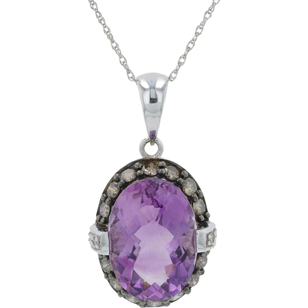14K White Gold Amethyst Pendant with Diamond Halo - 5.40 Carat Total Amethyst Weight, 5/8 Carat Total Diamond Weight