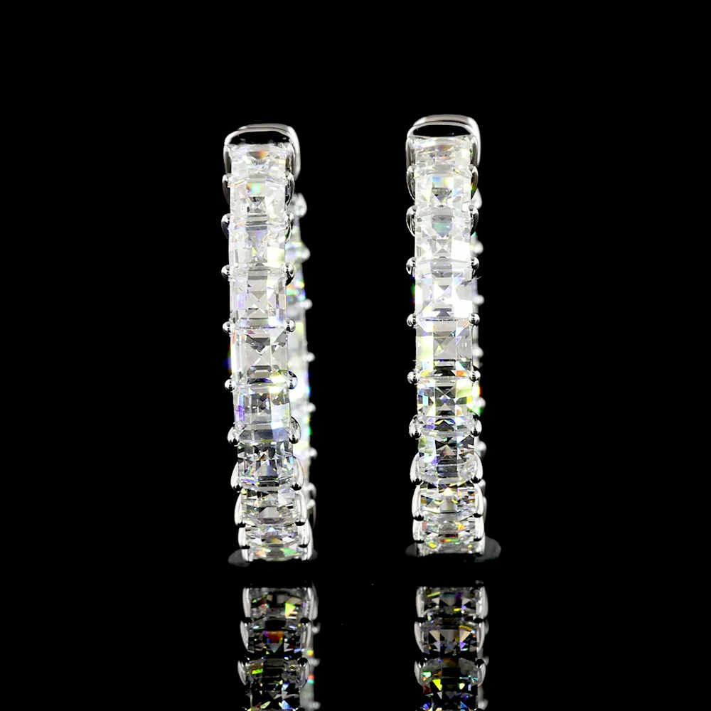 14K White Gold Antique Asscher Cut Lab Diamond Hoop Earrings - 5.55 Carat Total Weight, E-F VVS2 - Covaloro Fine Jewelry