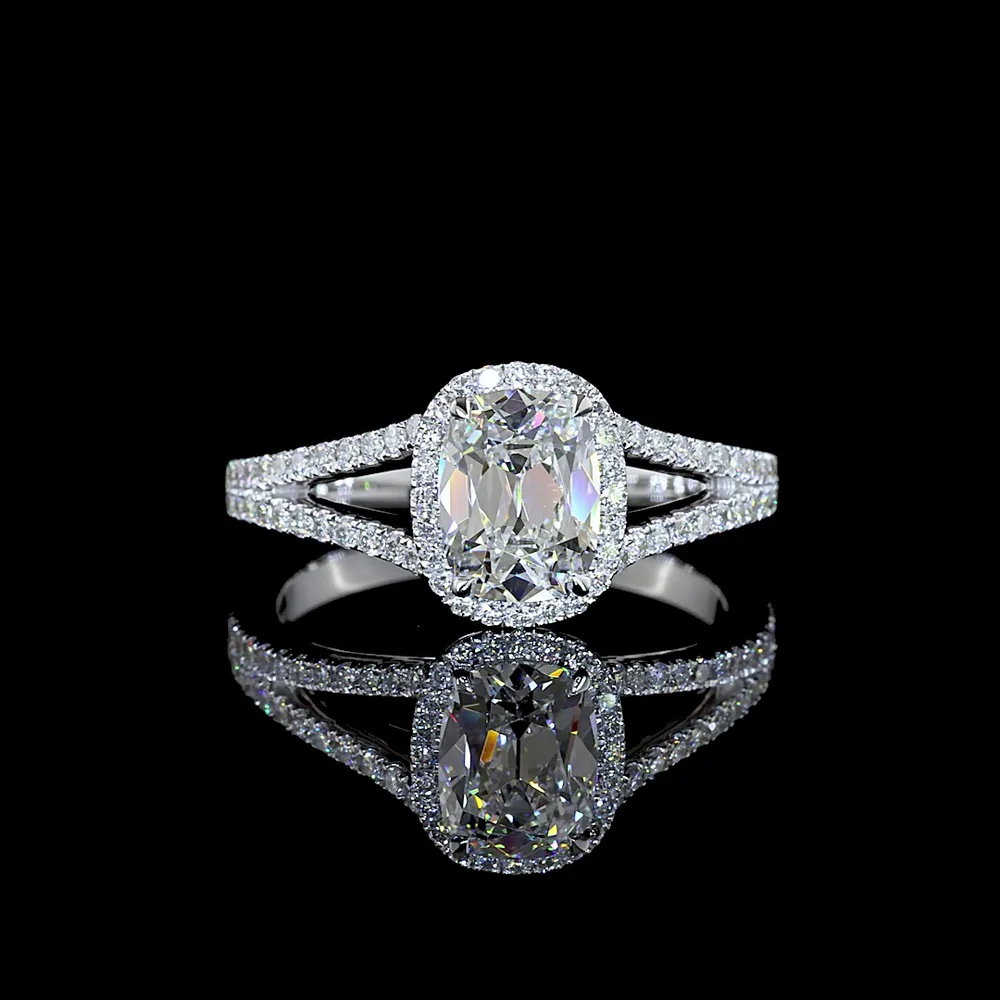 14K White Gold Antique Cushion Cut Halo Split Shank Ring with Lab Diamonds - 1.3 Carat Total Diamond Weight - Covaloro Fine Jewelry