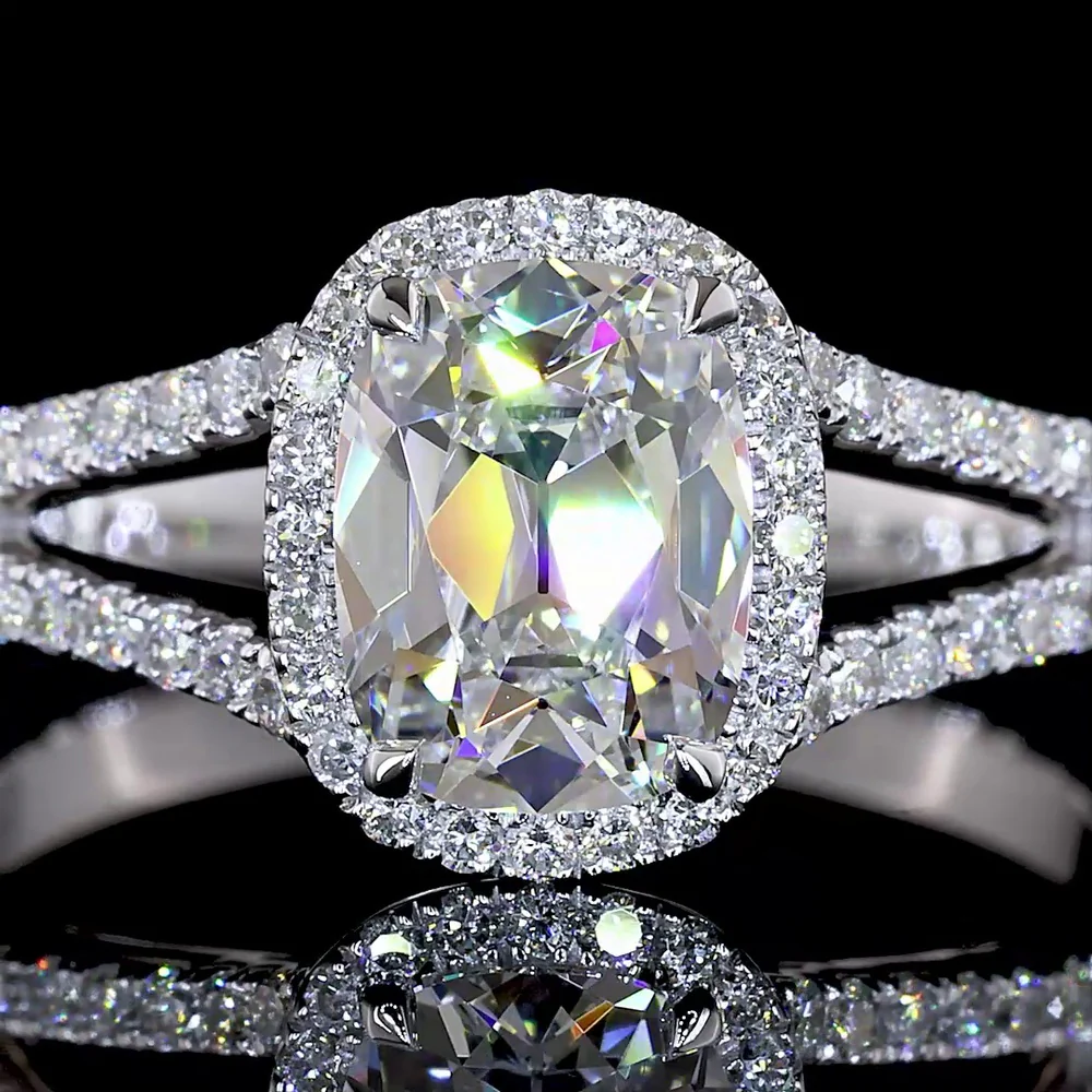14K White Gold Antique Cushion Cut Halo Split Shank Ring with Lab Diamonds - 1.3 Carat Total Diamond Weight - Covaloro Fine Jewelry - Image 2