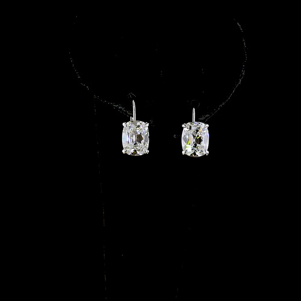14K White Gold Antique Cushion Cut Lab Diamond Huggie Earrings - 4.16 Carat Total Weight, GIA Certified E-F VS1 - Covaloro Fine Jewelry