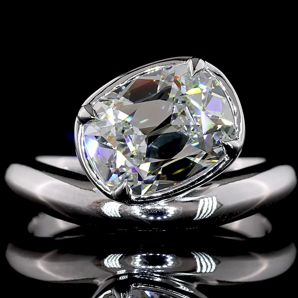 14K White Gold Antique Cushion Cut Lab Diamond Solitaire Ring with Bezel-Prong Inclined Setting - 3.12 Carat E-F VS1 - Covaloro Fine Jewelry - Image 2