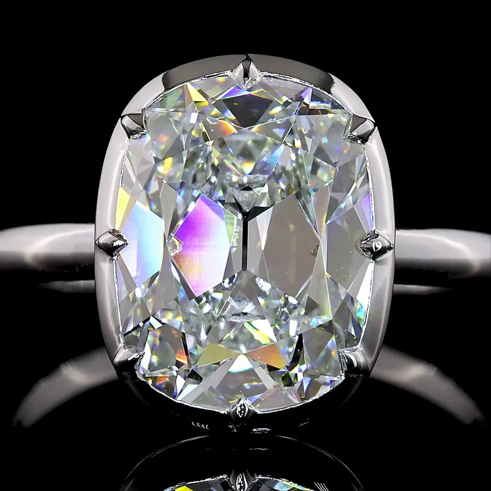 14K White Gold Antique Cushion Cut Solitaire Ring with 4.10 Carat Lab Diamond in Bezel-Prong North-South Setting, E-F VVS2 Clarity - Covaloro Fine Jewelry - Image 2