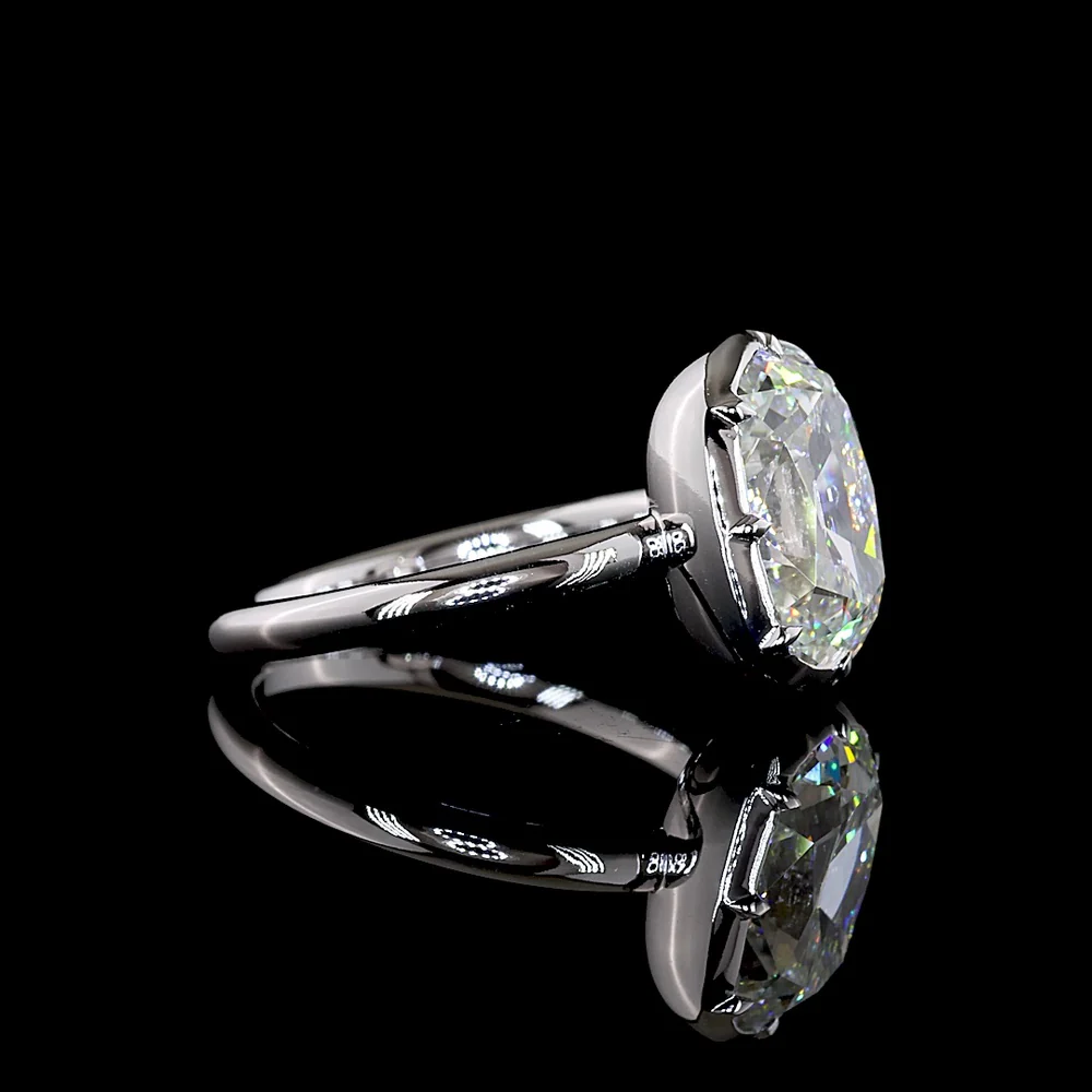 14K White Gold Antique Cushion Cut Solitaire Ring with 4.10 Carat Lab Diamond in Bezel-Prong North-South Setting, E-F VVS2 Clarity - Covaloro Fine Jewelry - Image 3
