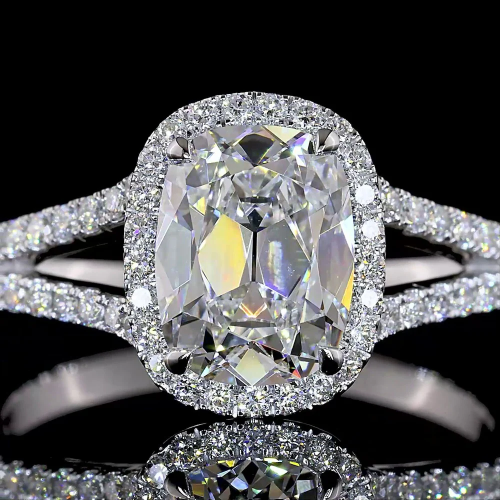 14K White Gold Antique Cushion Cut Split Shank Halo Ring with Lab-Grown D VS1 Diamond - 1.91 Carat Total Diamond Weight - Covaloro Fine Jewelry - Image 2