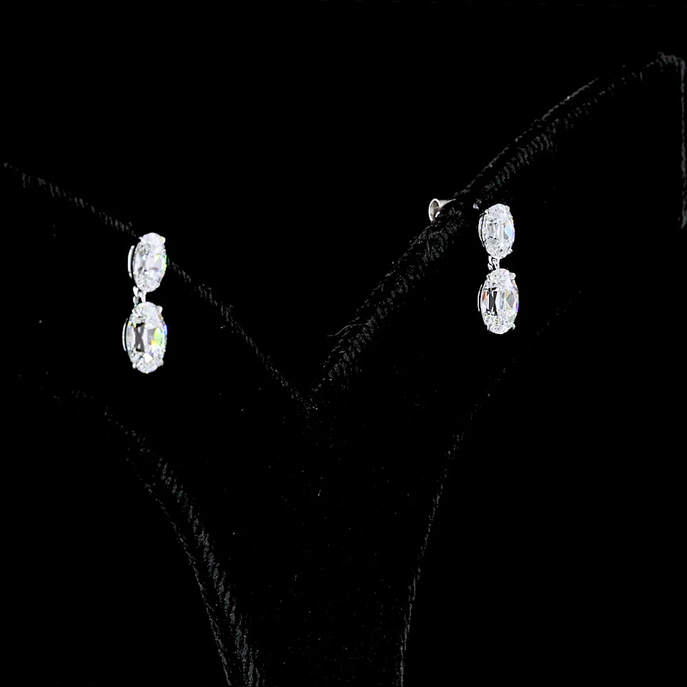 14K White Gold Antique Oval Cut Lab Diamond Drop Earrings - 1.70 Carat Total Weight, E-F VS Clarity, North-South Hanging Design - Covaloro Fine Jewelry