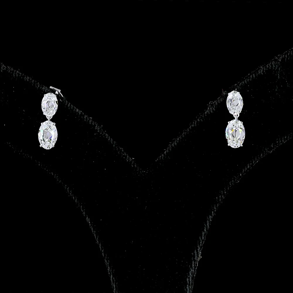 14K White Gold Antique Oval Cut Lab Diamond Drop Earrings - 1.70 Carat Total Weight, E-F VS Clarity, North-South Hanging Design - Covaloro Fine Jewelry - Image 2