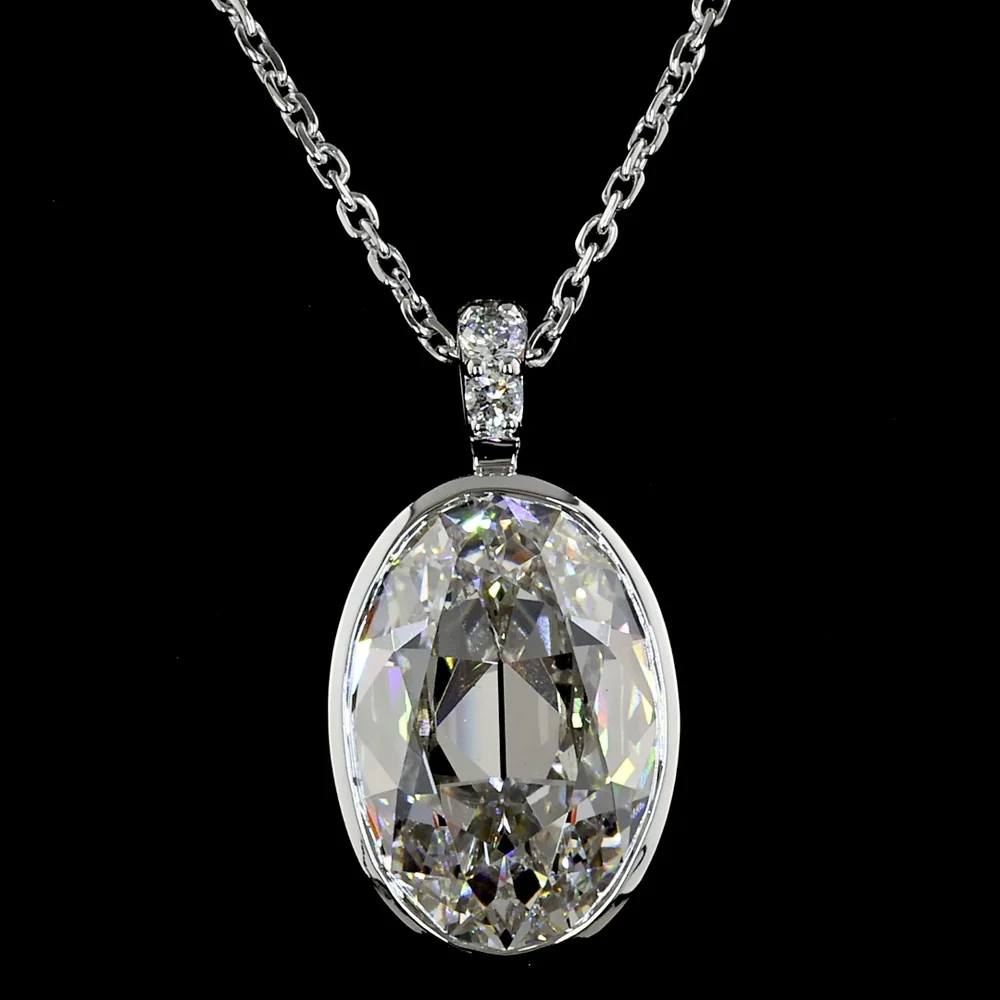 14K White Gold Antique Oval Pendant with Bezel Set 3.42 Carats Lab Diamond and Brilliant Cut Accents - 3.48 Carats Total Diamond Weight - Covaloro Fine Jewelry - Image 3