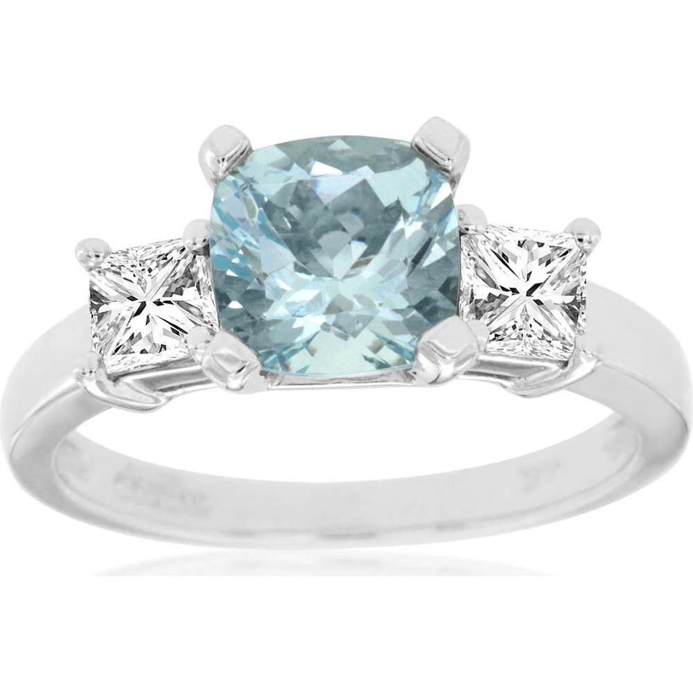 14K White Gold Aquamarine & Diamond 3-Stone Ring - 1.35 Carats Aquamarine, 0.70 Carats Total Diamond Weight - Royal Jewelry