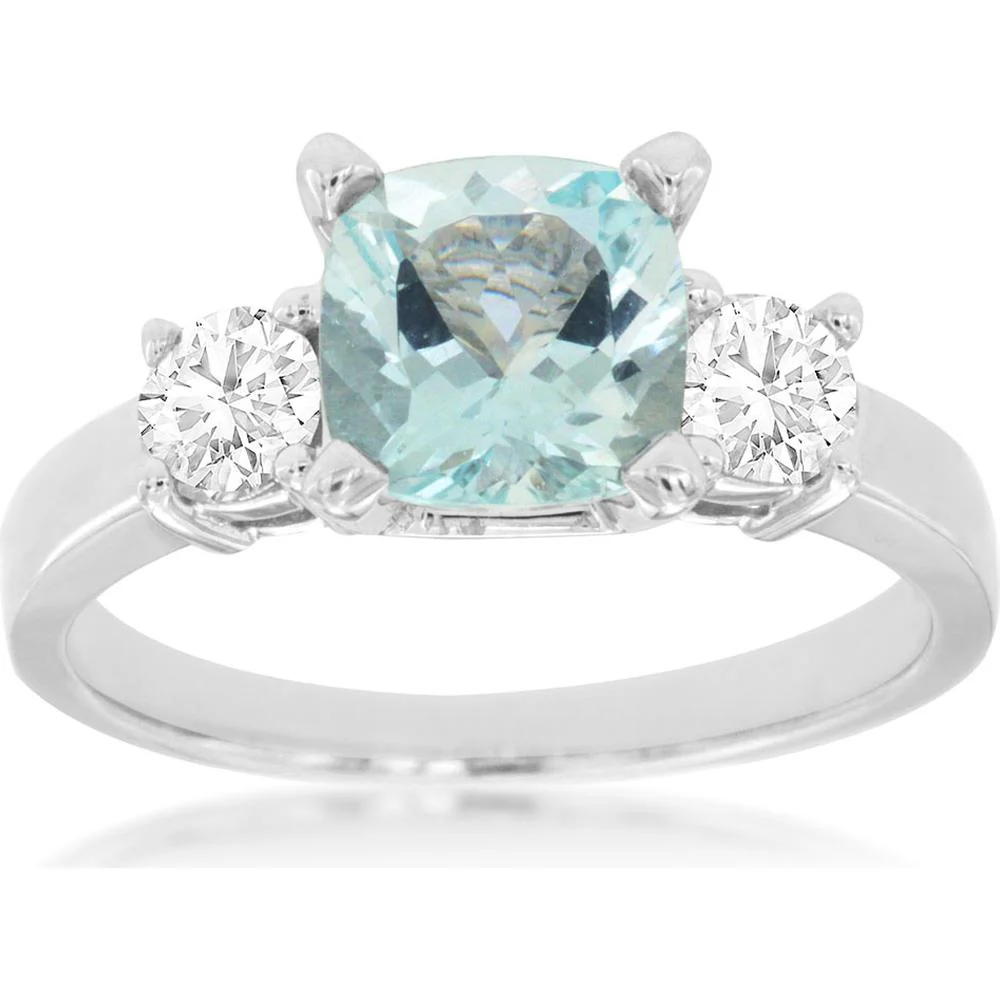 14K White Gold Aquamarine and Diamond 3-Stone Ring - 1.35 Carats Aquamarine, 1.0 Carats Total Diamond Weight - Royal Jewelry