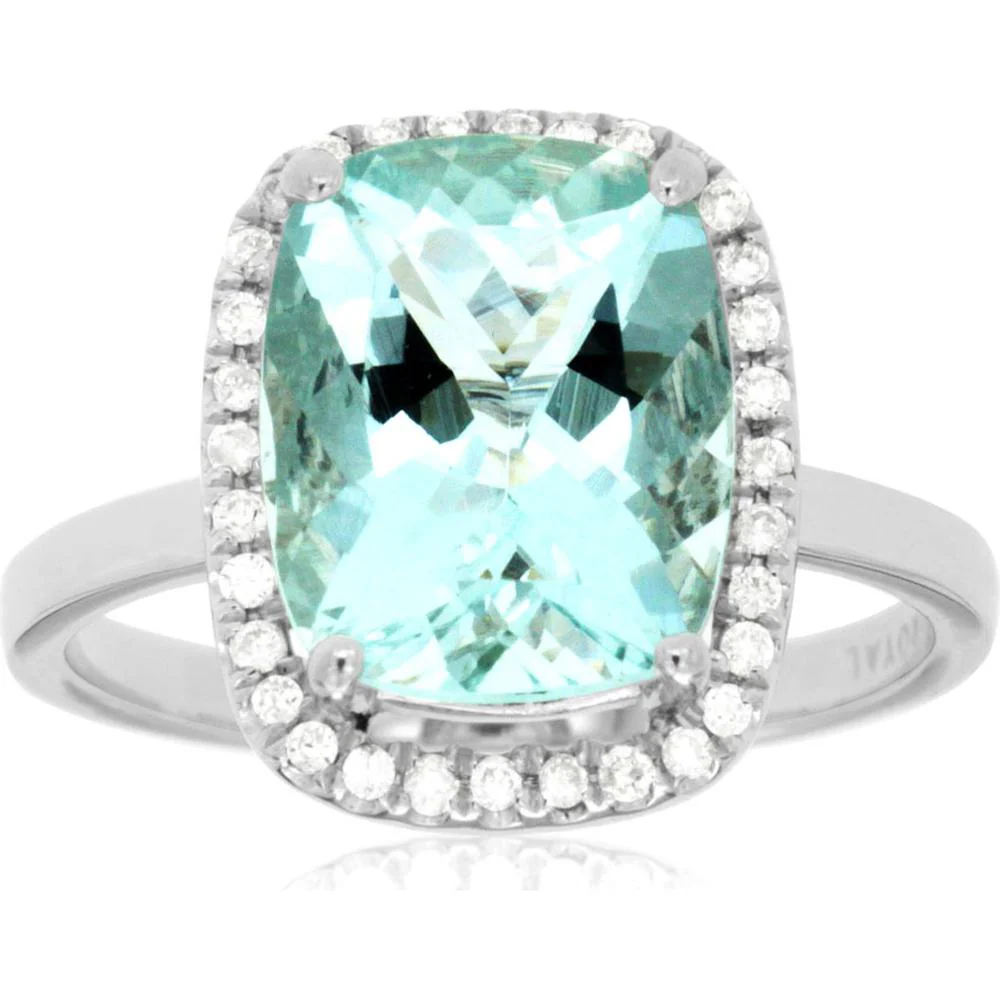 14K White Gold Aquamarine & Diamond Cushion Cut Halo Ring - 3.88 Carats Total Gemstone Weight - Royal Jewelry