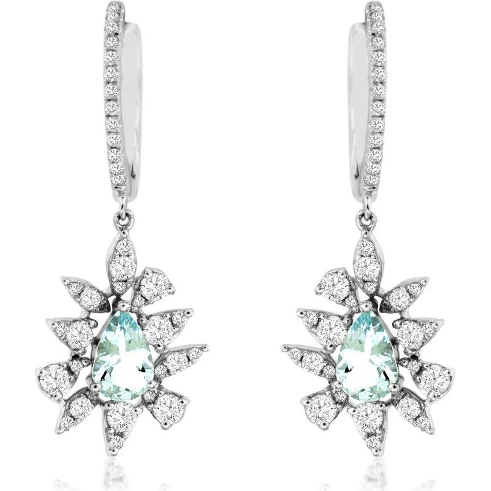 14K White Gold Aquamarine and Diamond Drop Earrings - 1.4 Carats Total Aquamarine Weight, 1.5 Carats Total Diamond Weight - Royal Jewelry