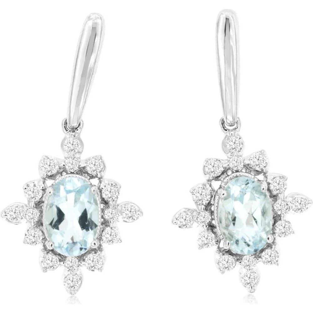 14K White Gold Aquamarine & Diamond Halo Drop Earrings - 0.84 Carats Total Aquamarine Weight, 0.33 Carats Total Diamond Weight - Royal Jewelry