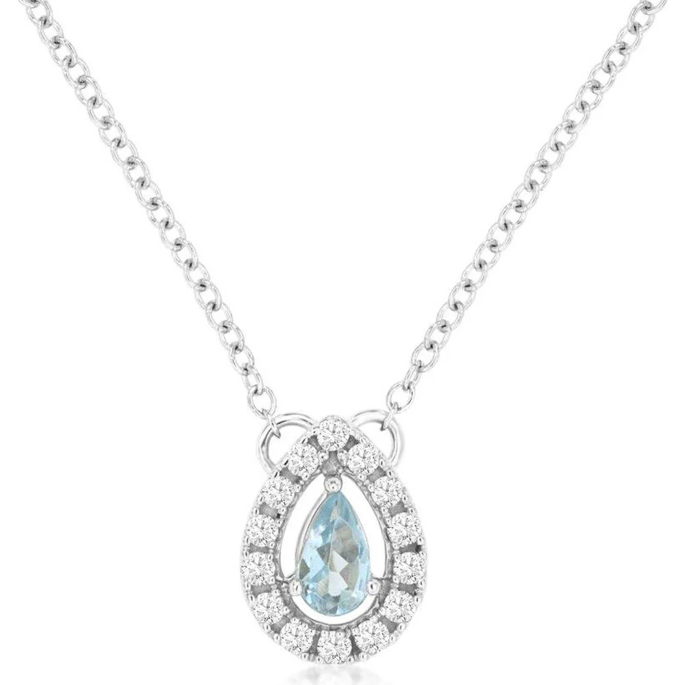 14K White Gold Aquamarine & Diamond Halo Necklace - 0.30 Carats Total Gem Weight - Royal Jewelry