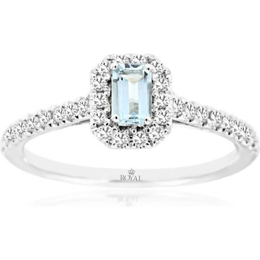 14K White Gold Aquamarine and Diamond Halo Ring - 0.54 Carats Total Gem Weight - Royal Jewelry