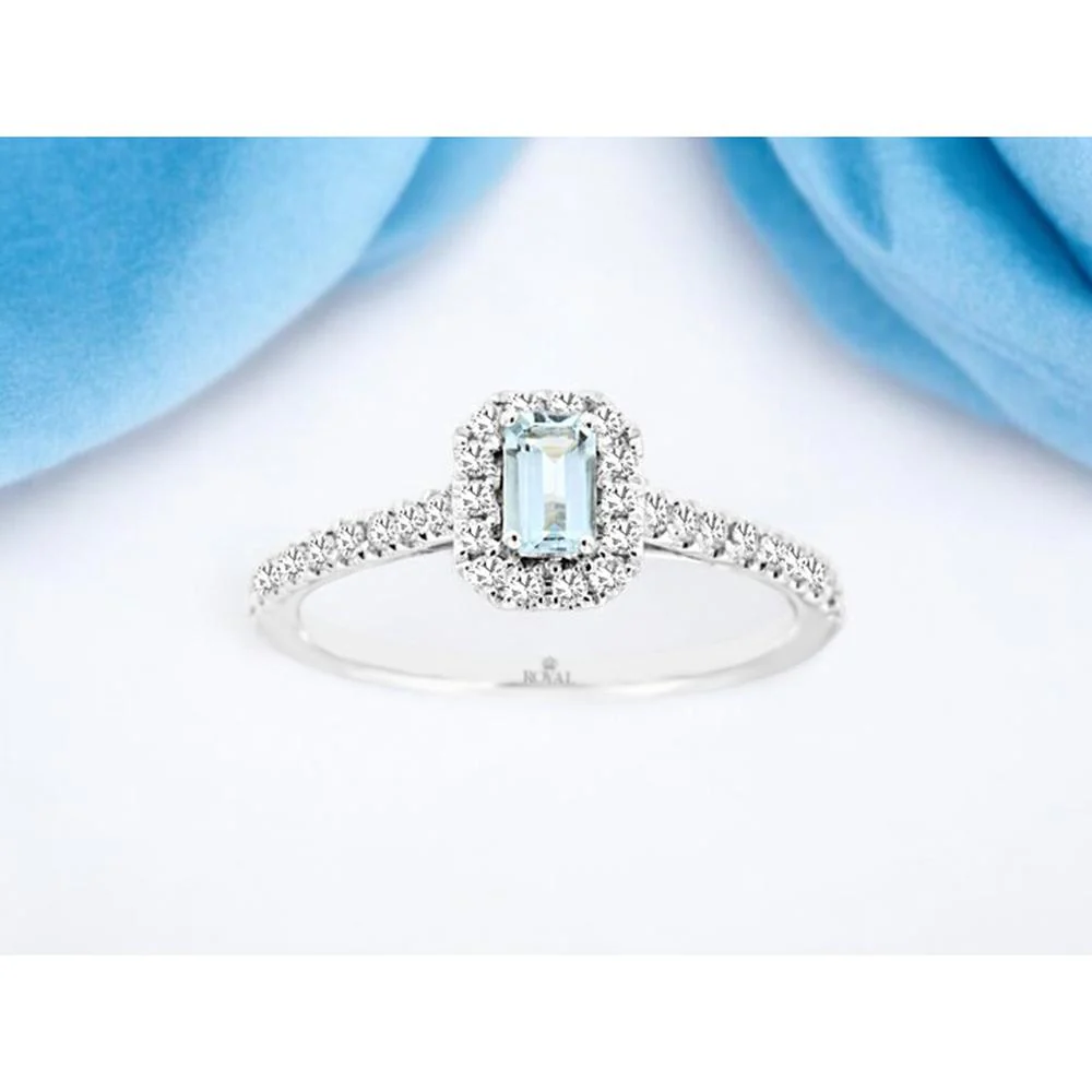 14K White Gold Aquamarine and Diamond Halo Ring - 0.54 Carats Total Gem Weight - Royal Jewelry - Image 2