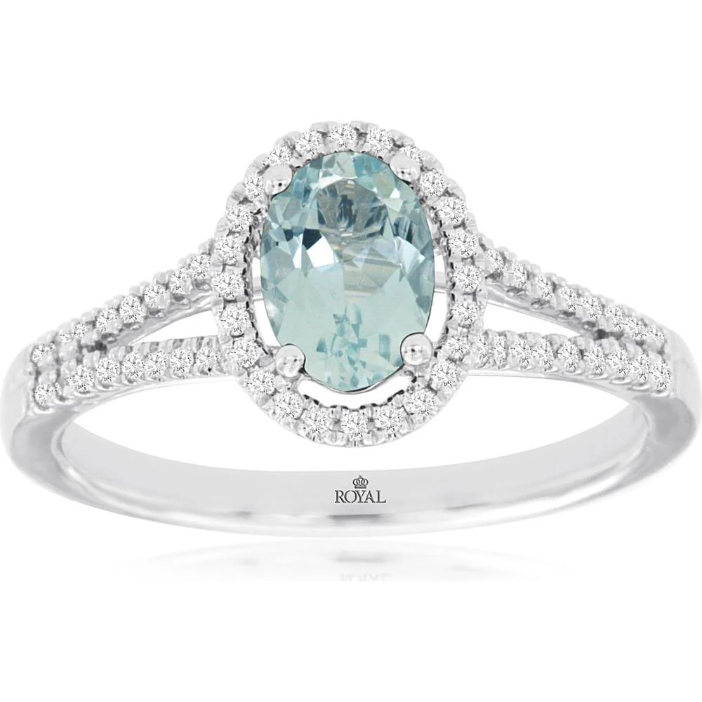 14K White Gold Aquamarine & Diamond Halo Ring - 0.68 Carats Aquamarine, 0.20 Carats Total Diamond Weight - Royal Jewelry