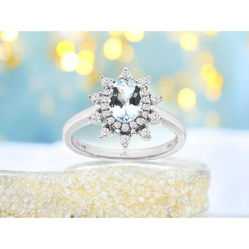 14K White Gold Aquamarine & Diamond Halo Ring - 0.68 Carats Aquamarine, 0.25 Carats Total Diamond Weight - Royal Jewelry - Image 2