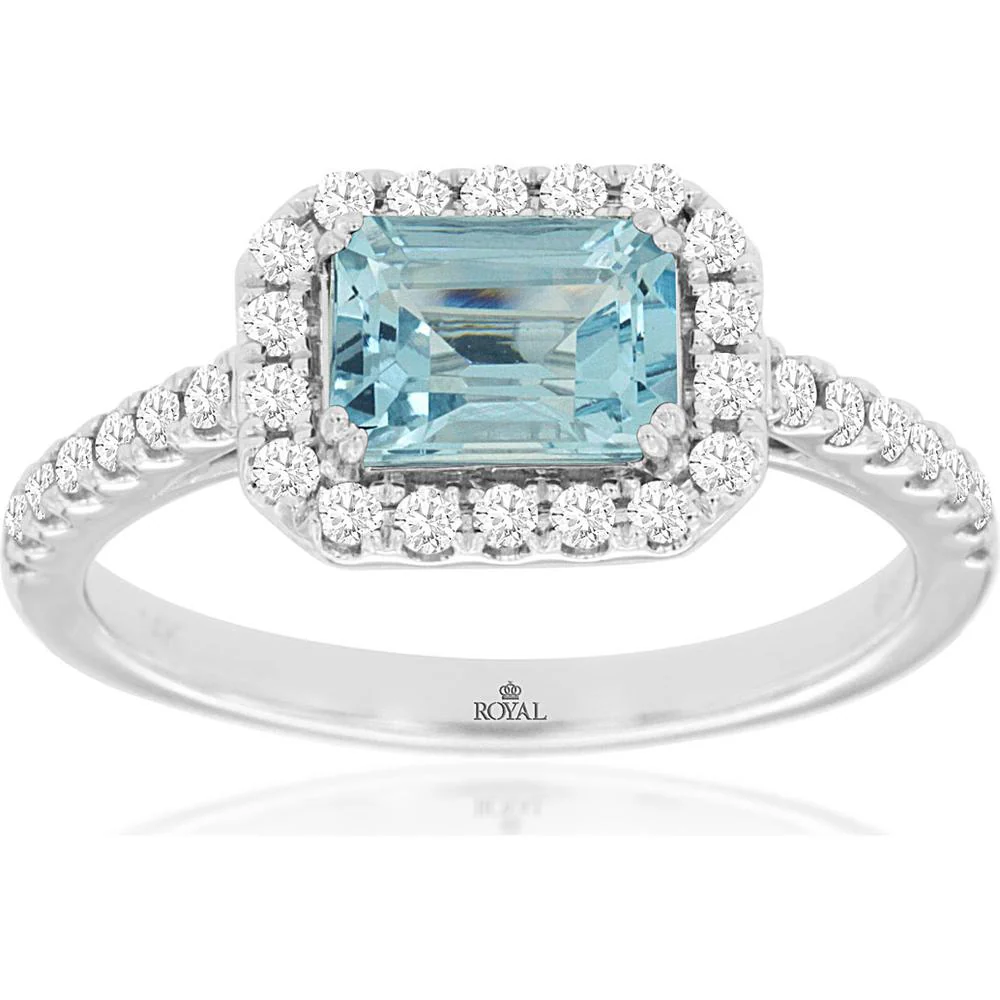 14K White Gold Aquamarine and Diamond Halo Ring - 1.2 Carats Total Weight - Royal Jewelry